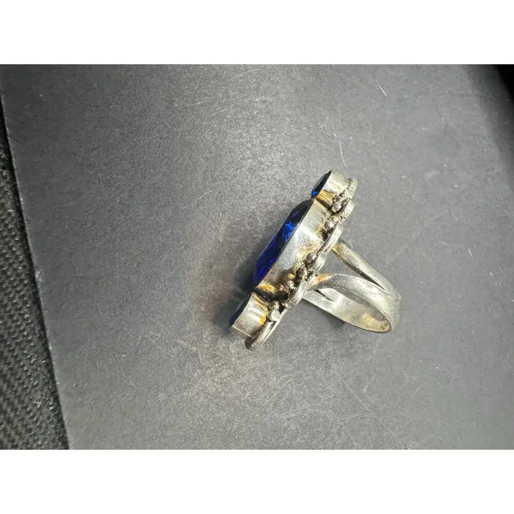 Vtg Blue Sapphire 925 Sterling Silver Jewelry Statement Cocktail Ring Sz 7.5